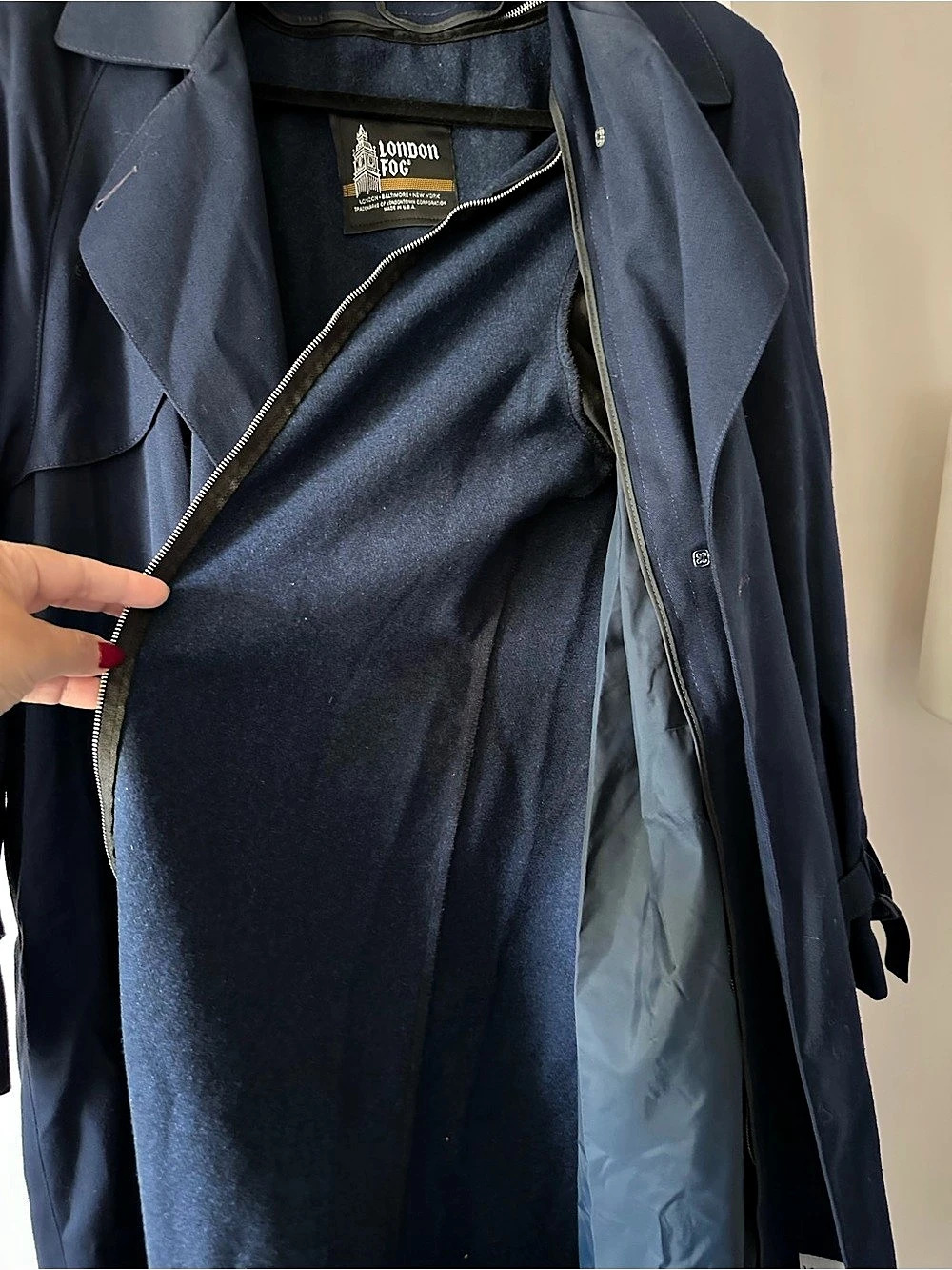 Vintage London Fog Navy Blue Double-Breasted Trench Coat w/ Zip-Out Liner Sz 14 - Picture 7 of 8